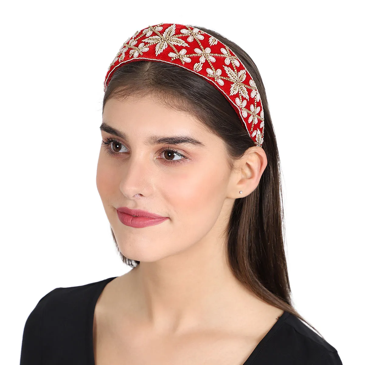 Anekaant Red/gold Velvet Floral Embellished Hairband