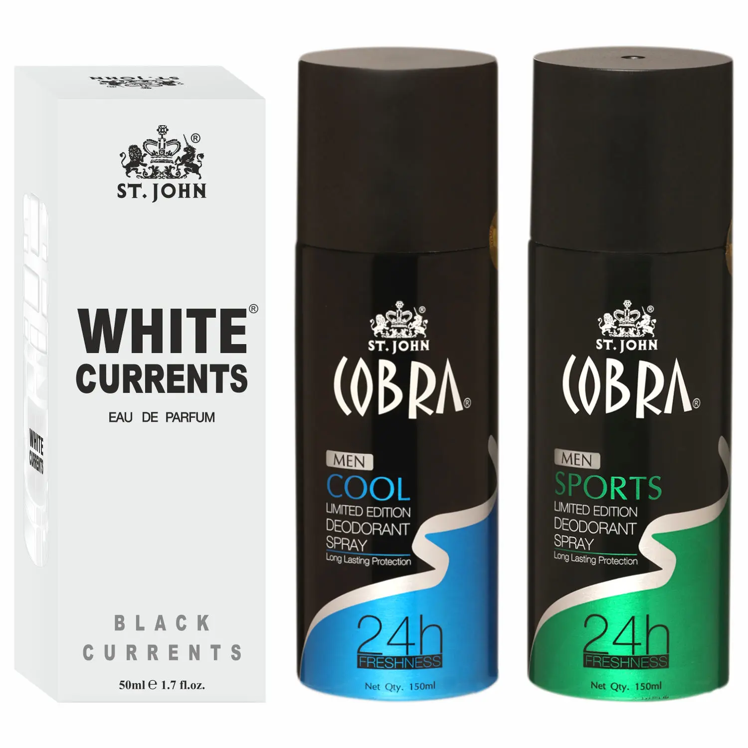 ST-JOHN Cobra Deodrant Cool & Sports 150 ml each & White Current 50ml Perfume Combo Pack Perfume Body Spray - For Men & Women (350 ml, Pack of 3)