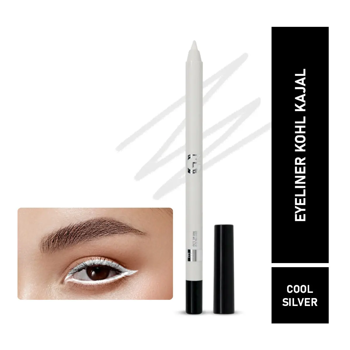 Mattlook Single Stroke Super Glide Eyeliner Kohl Kajal 24 Hours, Easy to Apply Creamy Texture, Intense, Smudgeproof and Water Resistant Colour, Cool-Silver (1.3gm)