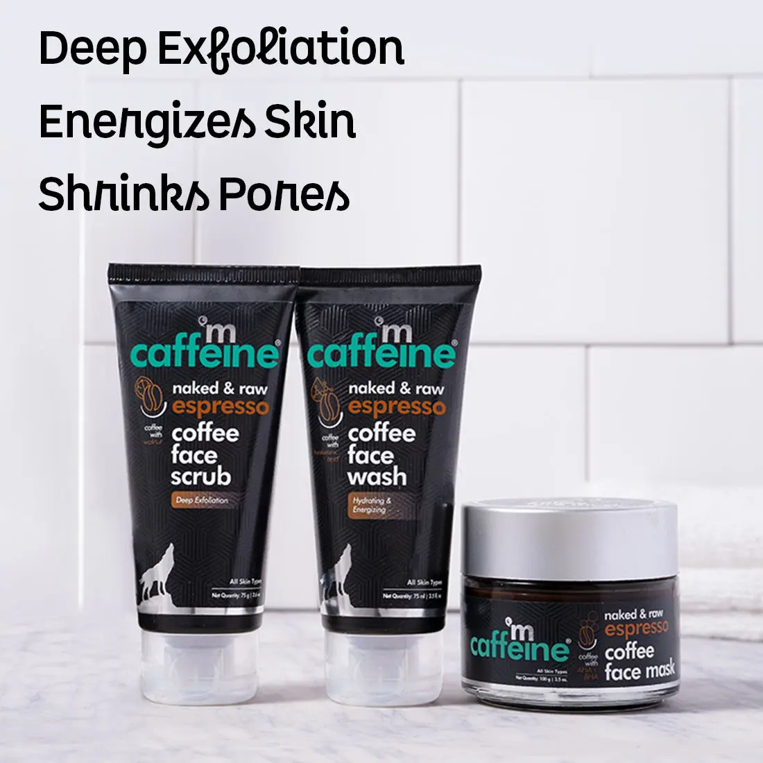 mCaffeine Espresso Deep Exfoliation Kit with Hyaluronic Acid, Natural AHA, Walnut | Face Wash, Face Scrub, Face Mask | All Skin Types | Cruelty Free & Vegan 250 gm