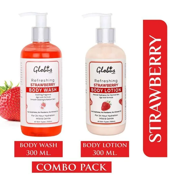 Globus Naturals Combo Pack - Refreshing Strawberry Body Lotion 300 ml & Refreshing Strawberry Body wash (300 ml)