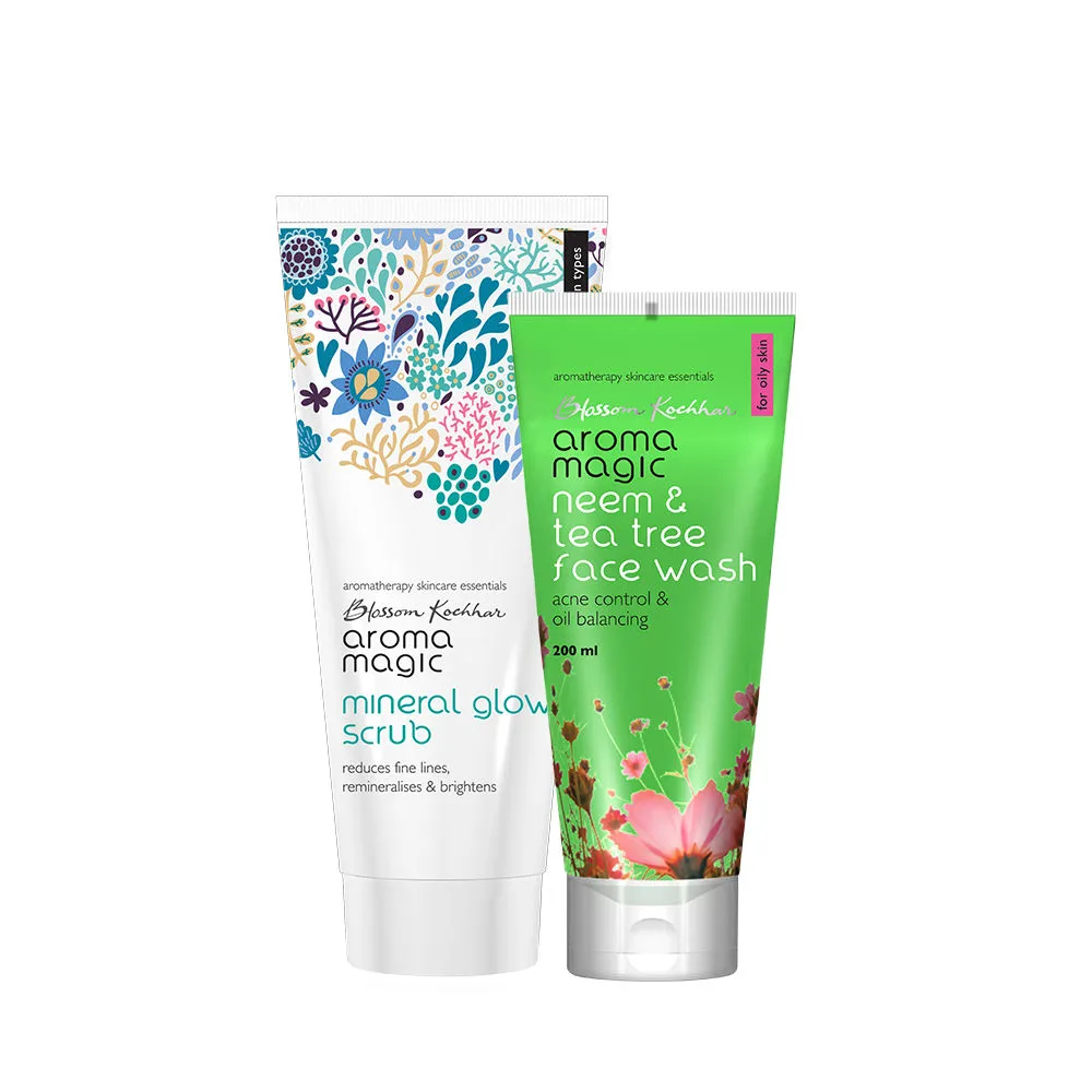 Aroma Magic Mineral Glow Scrub & Neem Tea Tree Face Wash Combo Oily Skin