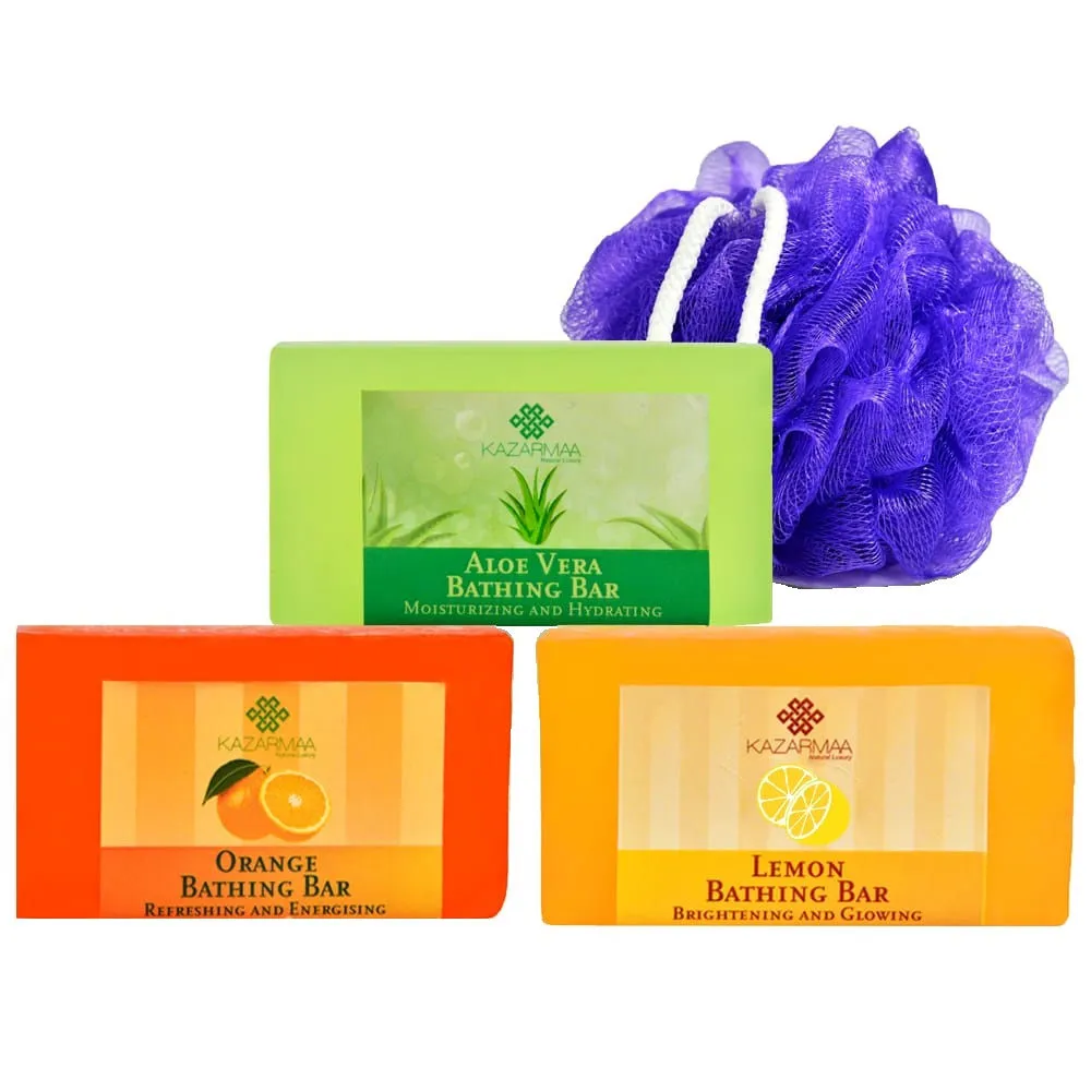 Kazarmaa With Big Loofah - Refreshing Bathing Bars And Bath Puff - Pack Of 3