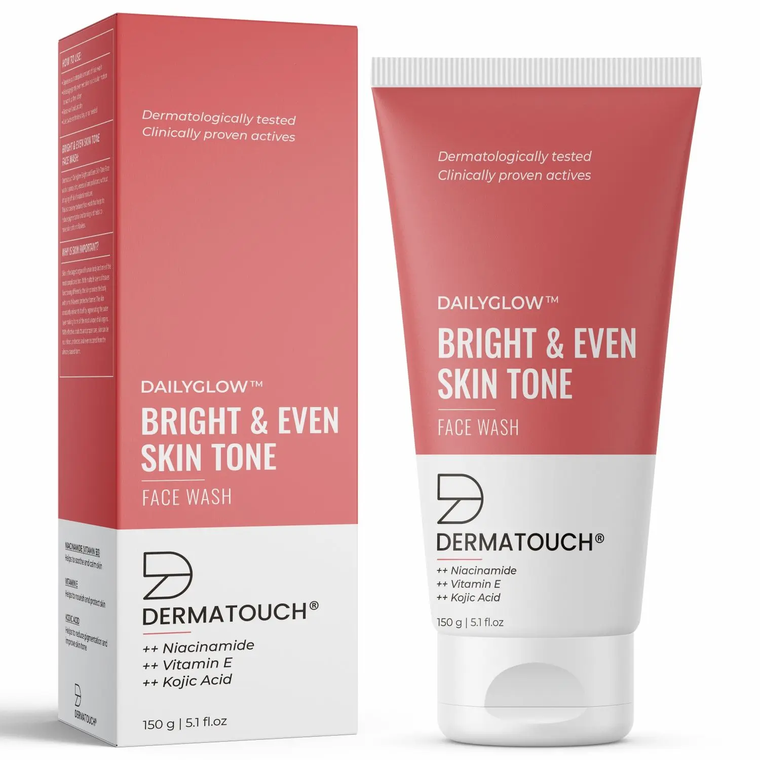 DERMATOUCH Bright & Even Tone Face Wash with Niacinamide, Vitamin E and Kojic Acid | Daily Gentle Face Cleanser For Tan, Pigmentation, Uneven Tone - 150G