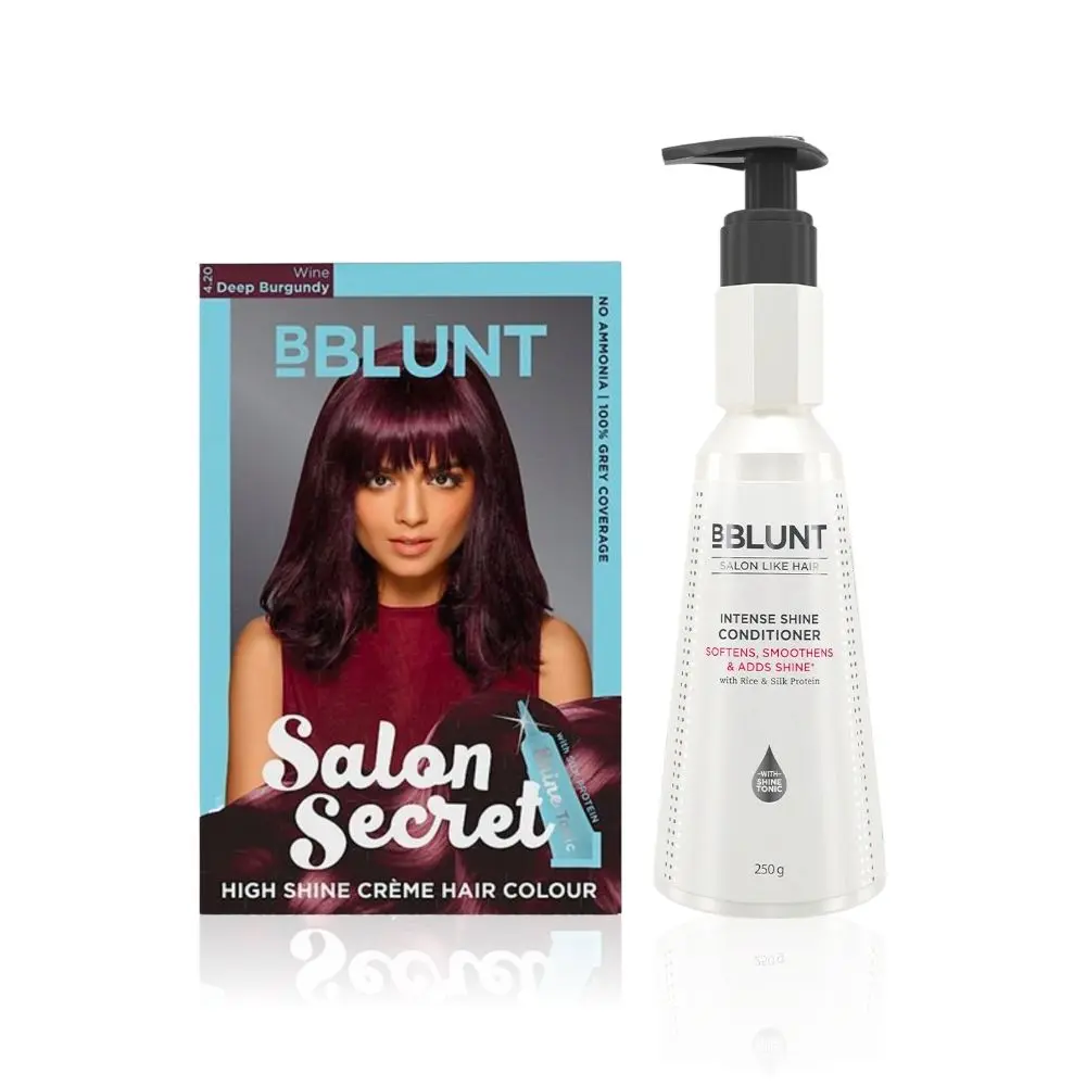 BBLUNT Salon Secret High Shine Creme Hair Colour - Wine Deep Burgundy 4.20. No Ammonia ( 100 g+8ml) +BBLUNT Intense Shine Conditioner with Rice & Silk Protein for Softer Smoother & Shinier Hair-250gm