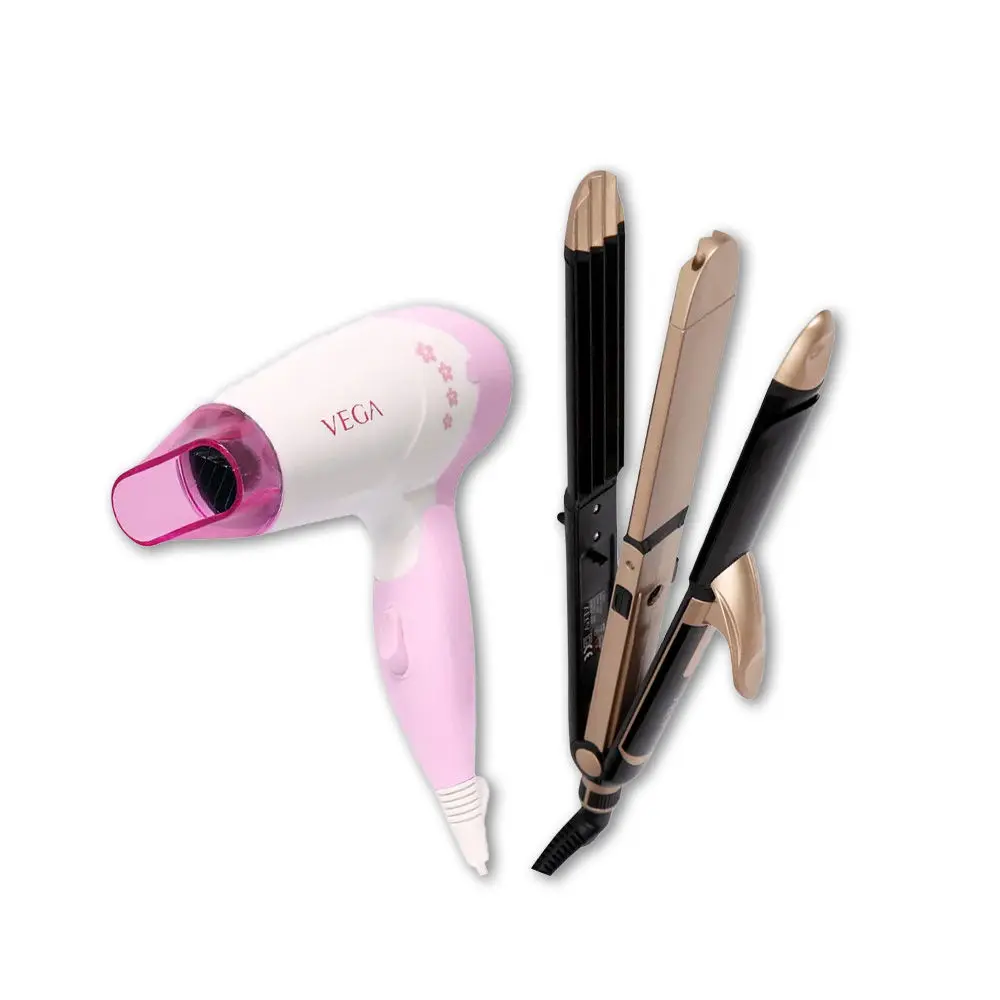 VEGA 3 in 1 Hair Styler, Straightener, Curler & Crimper (VHSCC-01), Black + VEGA Insta Glam Foldable 1000 Watts Hair Dryer With 2 Heat & Speed Settings, VHDH-20, Pink (Made In India)