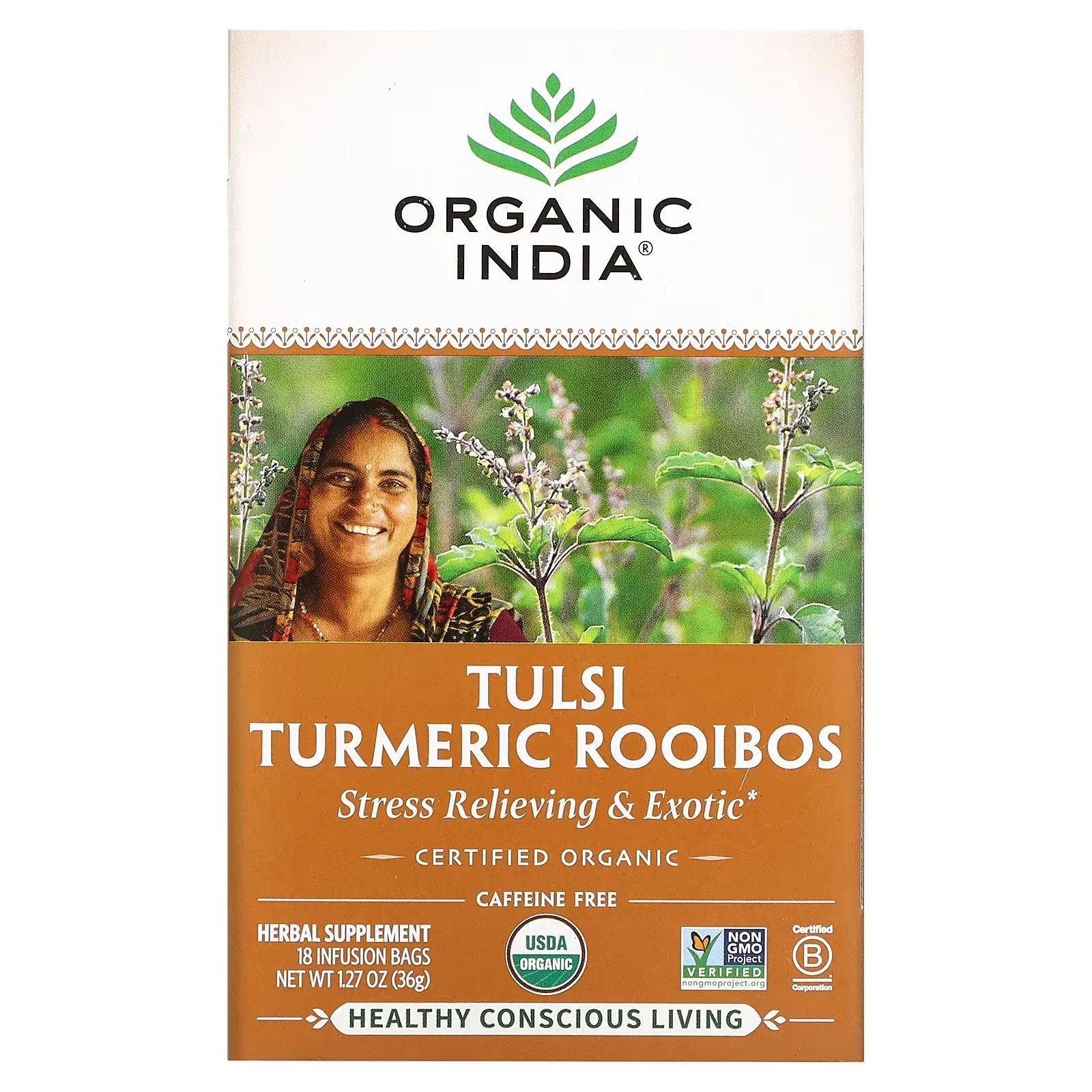 Tulsi Tea, Turmeric Rooibos, Caffeine-Free, 18 Infusion Bags, 1.27 oz (36 g)