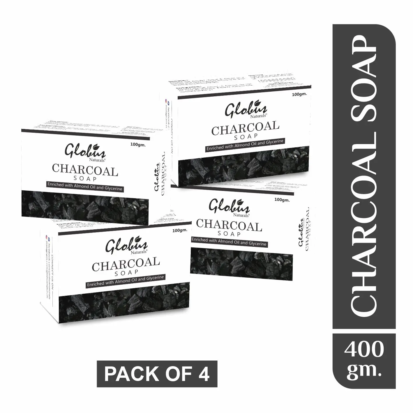 Globus Naturals Deep Cleaning & Exfoliating Activated Charcoal Soap Enriched With Tea Tree | Almond Oil | Glycerine 100Gm (Pack Of 4)