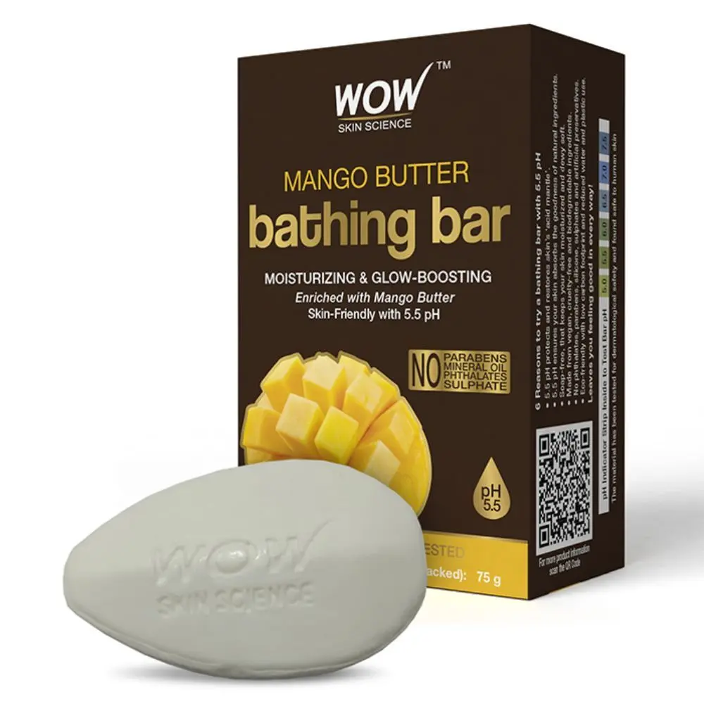 WOW Skin Science Mango Butter Bathing Bar - Moisturizing & Glow-Boosting - with Mango Butter - Skin-Friendly with 5.5 pH - No Parabens, Mineral Oil, Phthalates, Sulphate - 75g