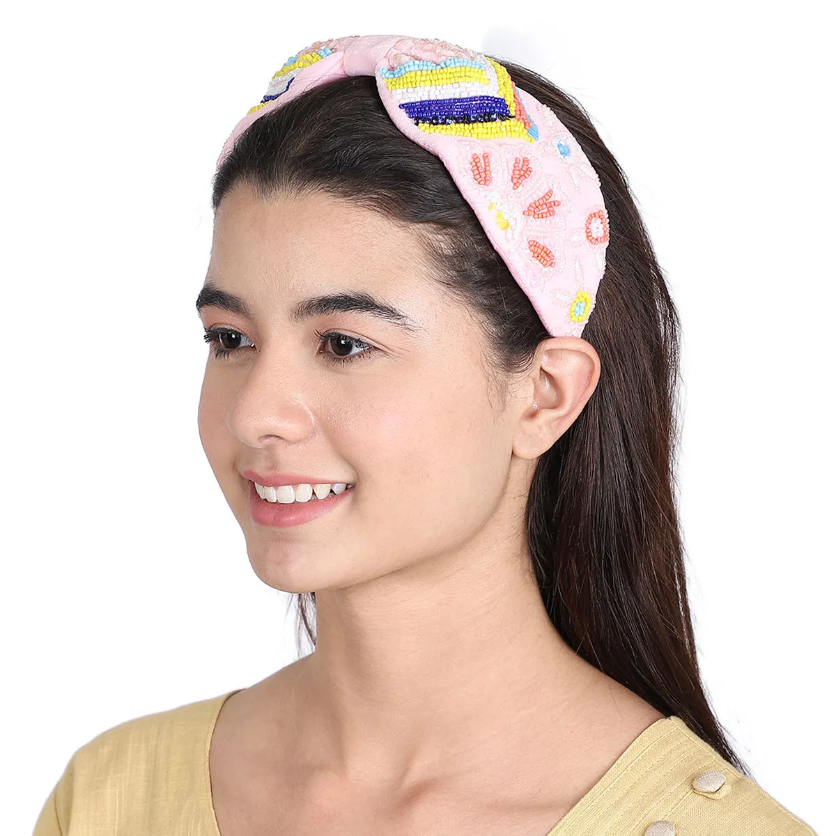 Anekaant Pink/multi Velvet Floral Beaded Hairband