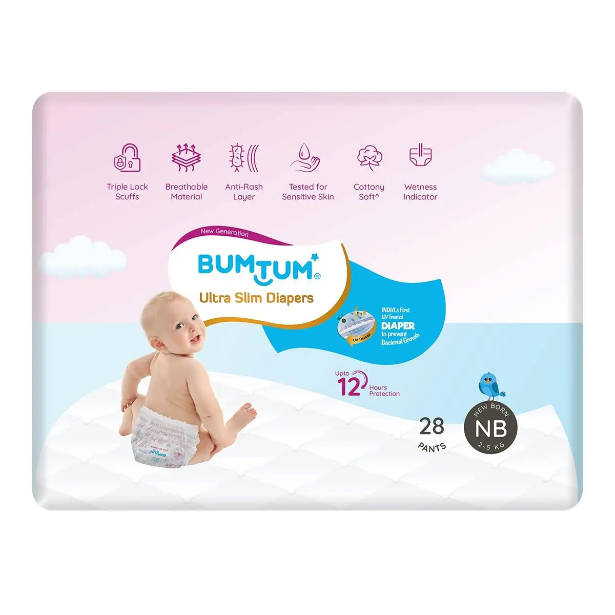 Bumtum Ultra Slim Baby Diaper Pants with Leakage Protection (NB, 28 Count, Pack of 1)