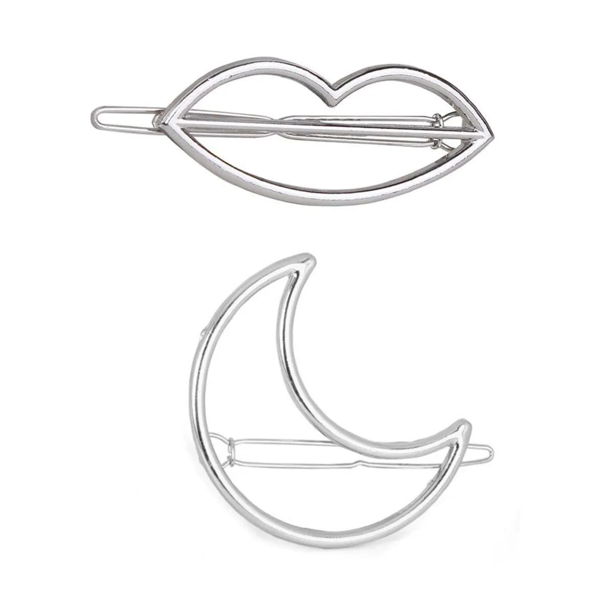 OOMPH Set Of 2 Silver Tone Hot Lips/kiss & Half Moon Hair Clip / Hair Pin / Hair Clamps