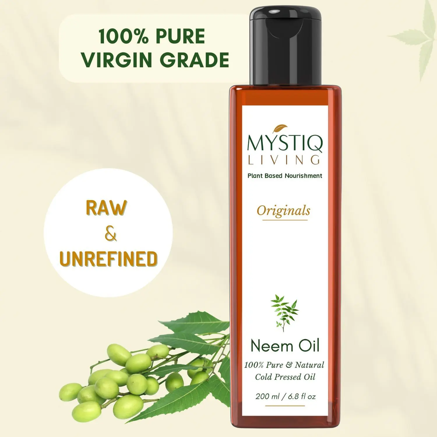 Mystiq Living Originals - Neem Oil | For Hair And Skin | Cold Pressed, 100% Pure And Natural -200 ML