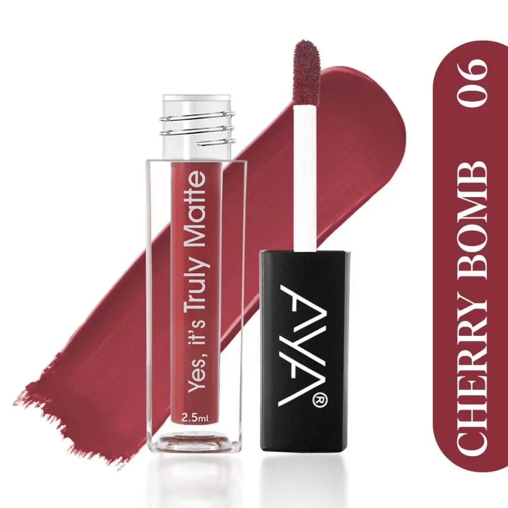 AYA Yes It's Truly Matte Liquid Lipstick, 06 Cherry Bomb, 2.5 ml | Long Lasting | Waterproof | Kiss Proof | Enriched with Jojoba Oil, Shea Butter, Almond Oil, Vitamin E, SPF