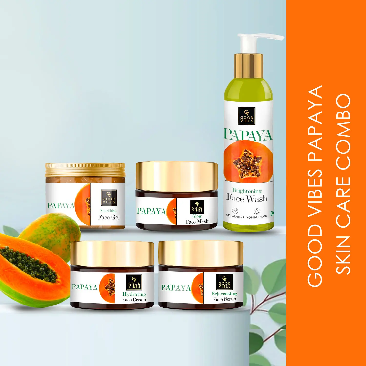 Good Vibes Papaya Skin Care Combo (Set of 5) - Face Wash 200ml, Scrub 50g, Mask 50g, Gel 50g & Face Cream