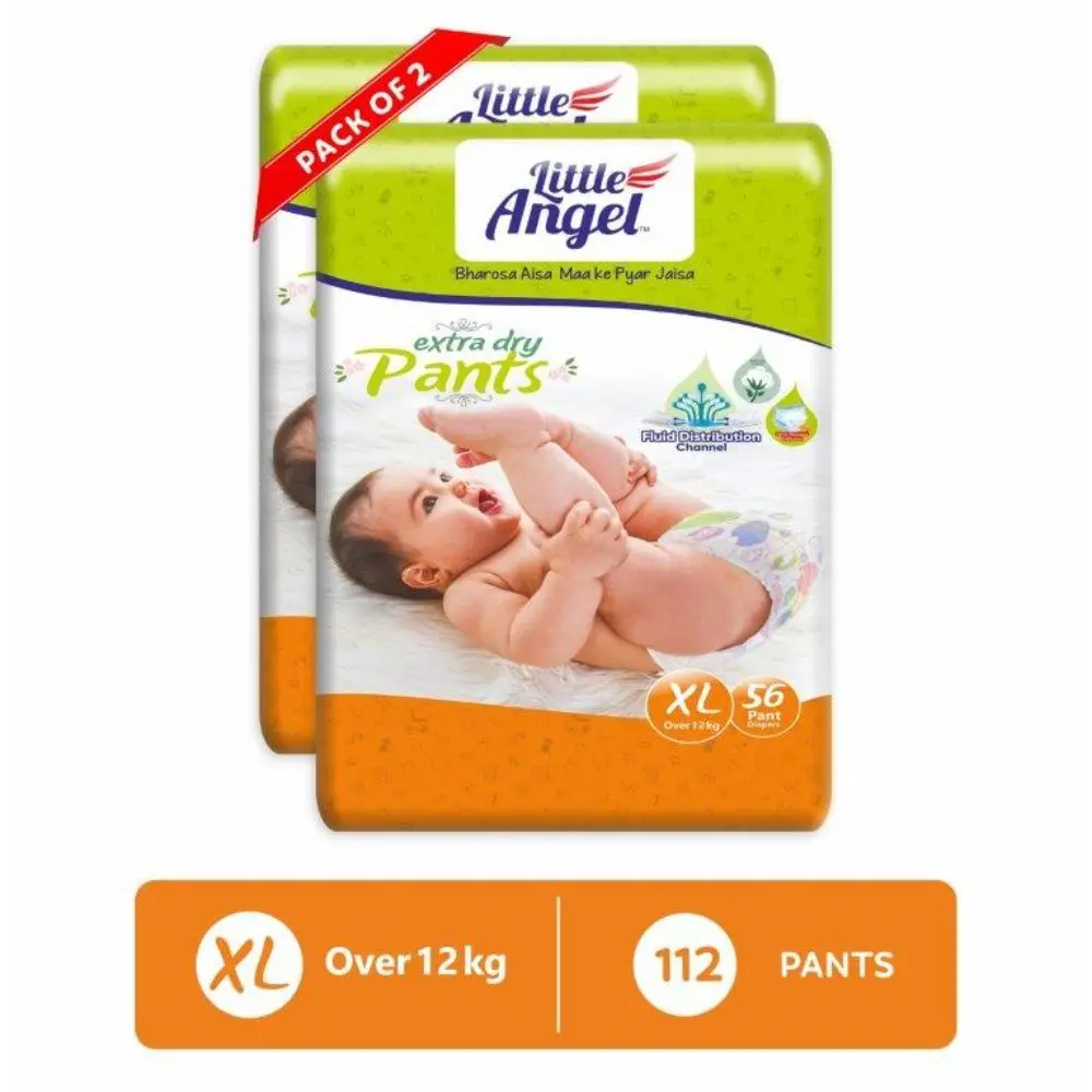 Little Angel Extra Dry Pants Baby Diapers, Extra Large (XL) Size, 112 Count, Combo Pack of 2, 56 Count/Pack with Wetness Indicator, over 12 Kg