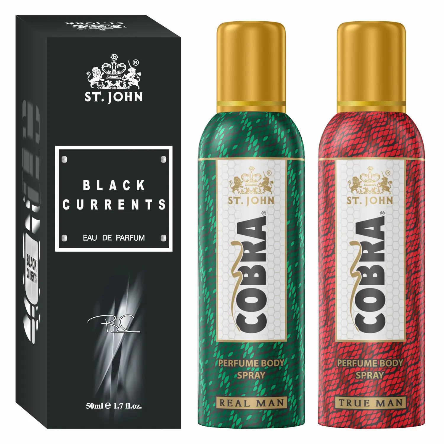 ST-JOHN Cobra No Gas Deodorant True Man, Real Man 100ml each & Black Current 50ml Combo Perfume Body Spray - For Men & Women (250 ml, Pack of 3)