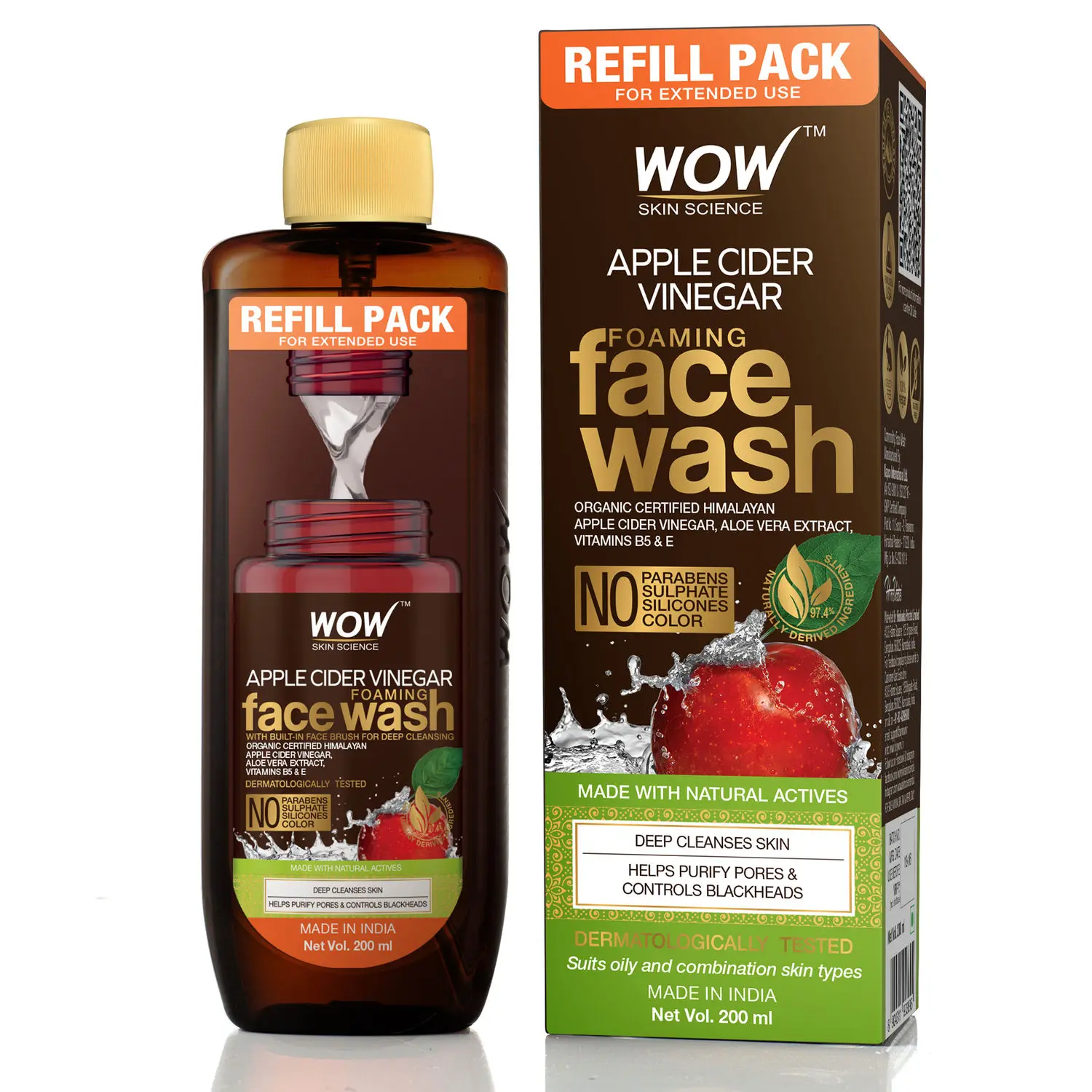 WOW Skin Science Apple Cider Vinegar Foaming Face Wash Refill Pack (200 ml)