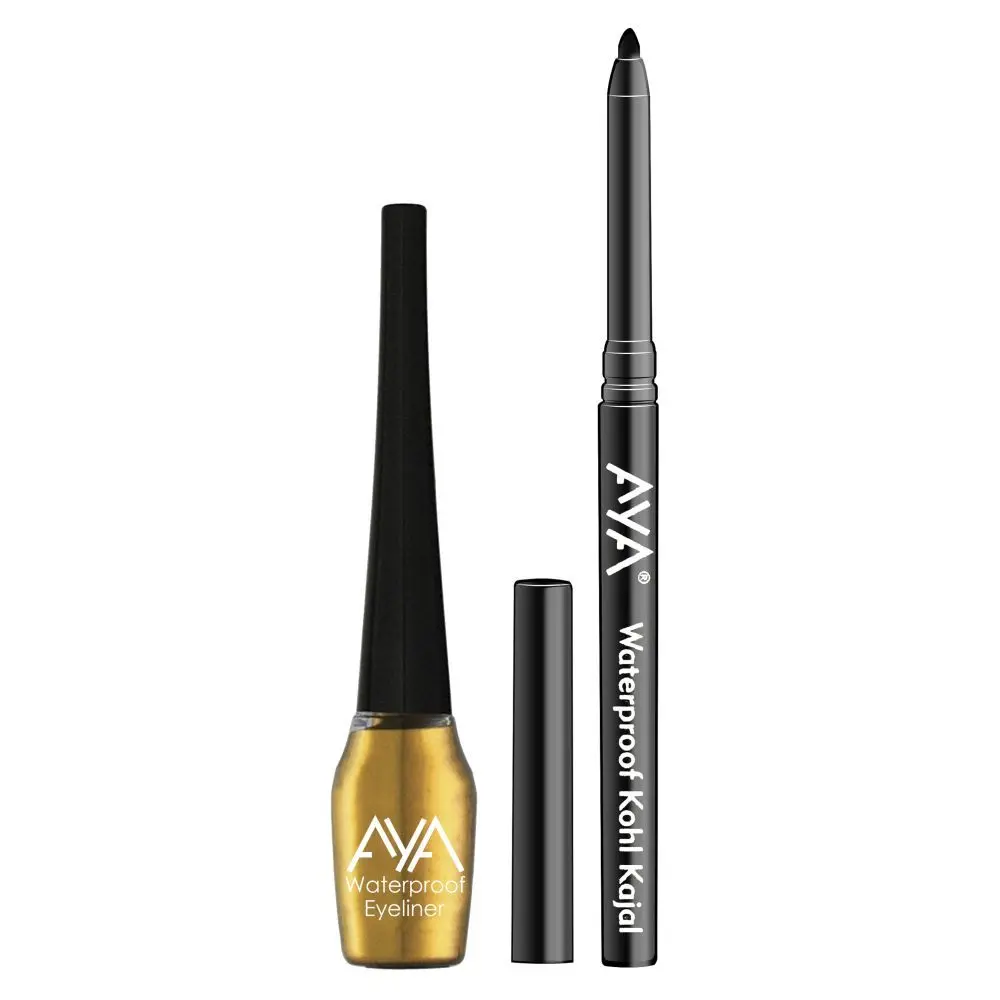 AYA Waterproof Liquid Eyeliner, Golden + Jet black Waterproof Kohl Kajal