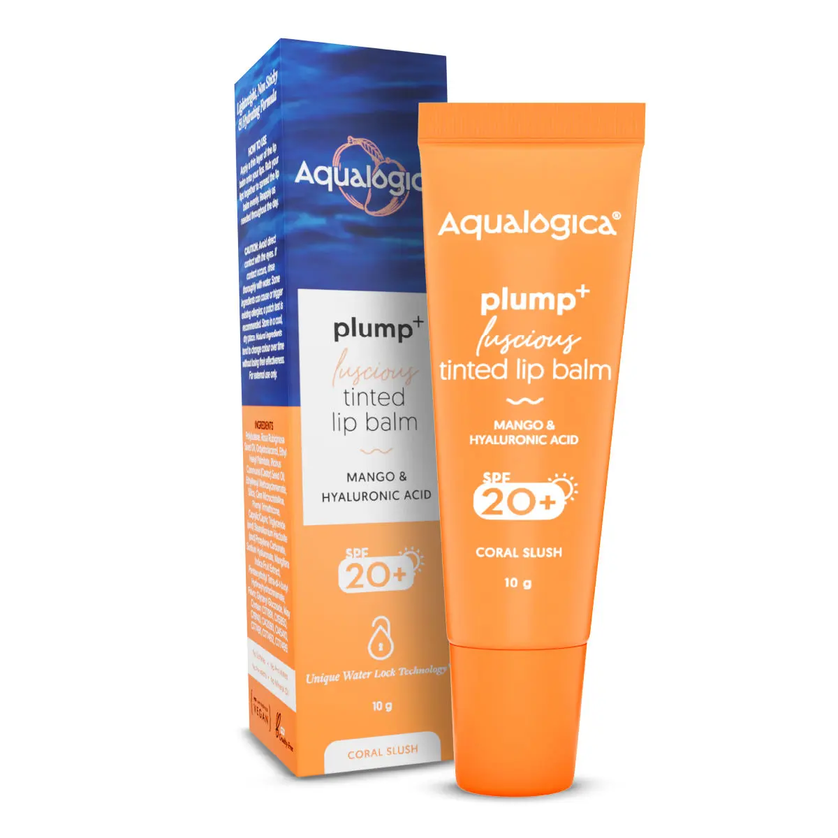 Aqualogica Coral Slush Plump+ Luscious Tinted SPF 20+ Lip Balm with Mango & Hyaluronic Acid - 10g