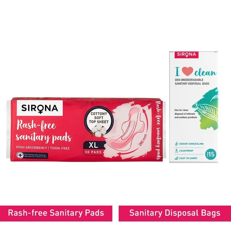 Sirona Cottony Soft Rash Free Sanitary Pads - Pack Of 30 (xl) With Sanitary Disposal Bags