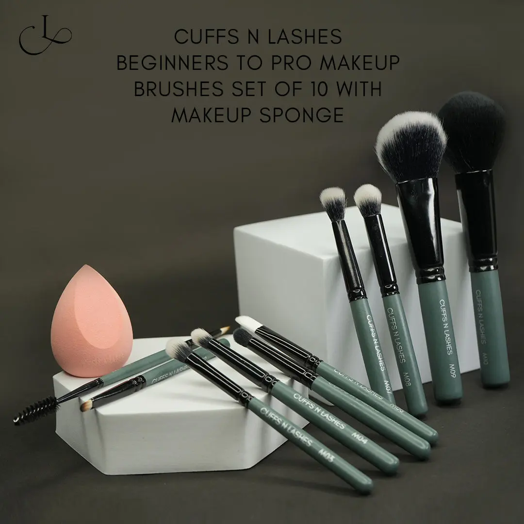 Cuffs N Lashes Mini Makeup Brushes With Makeup Sponge | Set of 10, Travel Size Makeup Brushes | Beginners to Pro With Makeup Sponge