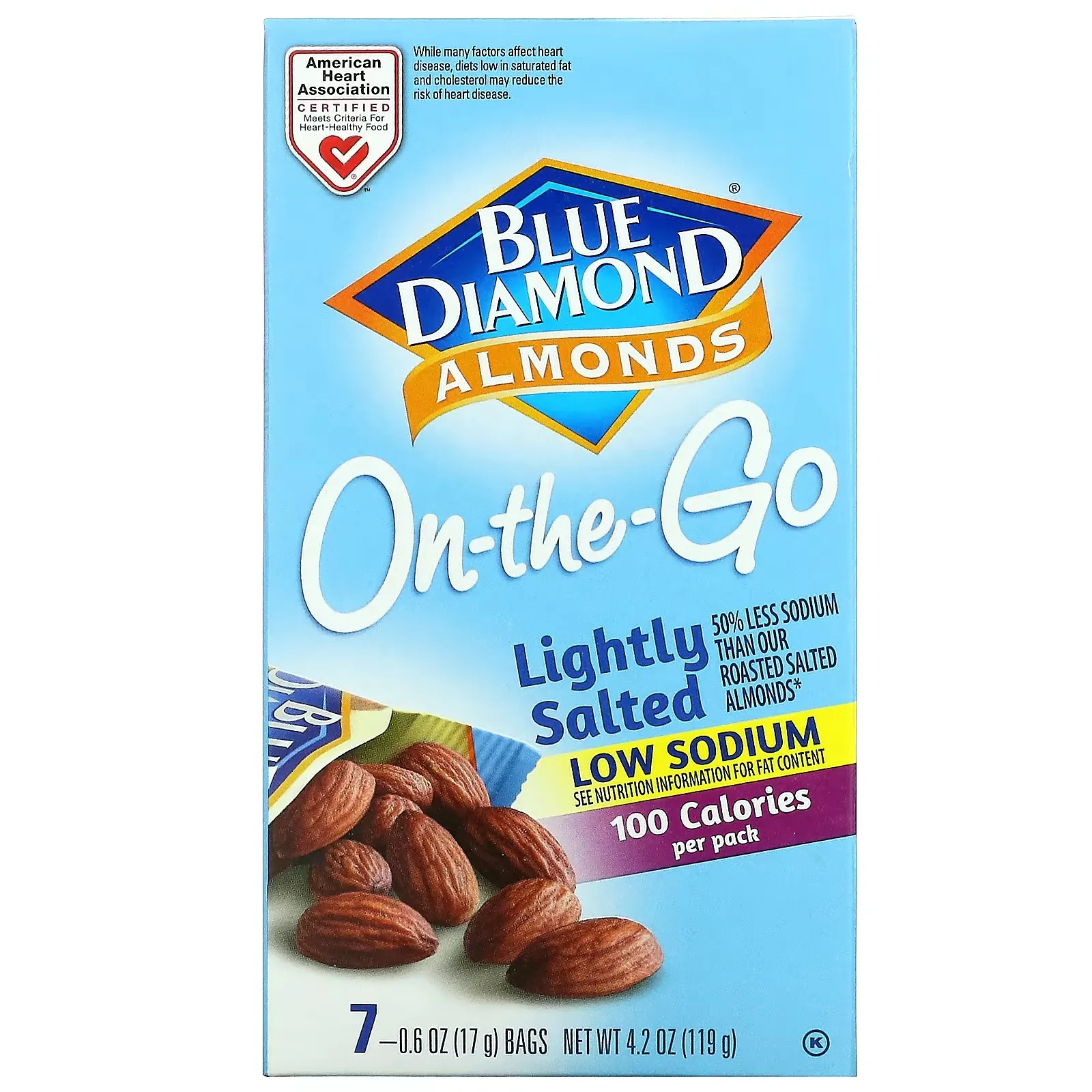 Almonds, On-The-Go, Lightly Salted, Low Sodium, 7 Bags, 0.6 oz (17 g) Each