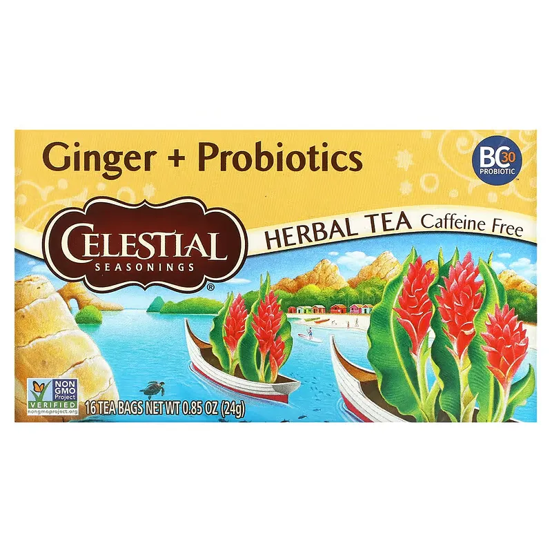 Herbal Tea, Ginger + Probiotics, Caffeine Free, 16 Tea Bags, 0.85 oz (24 g)