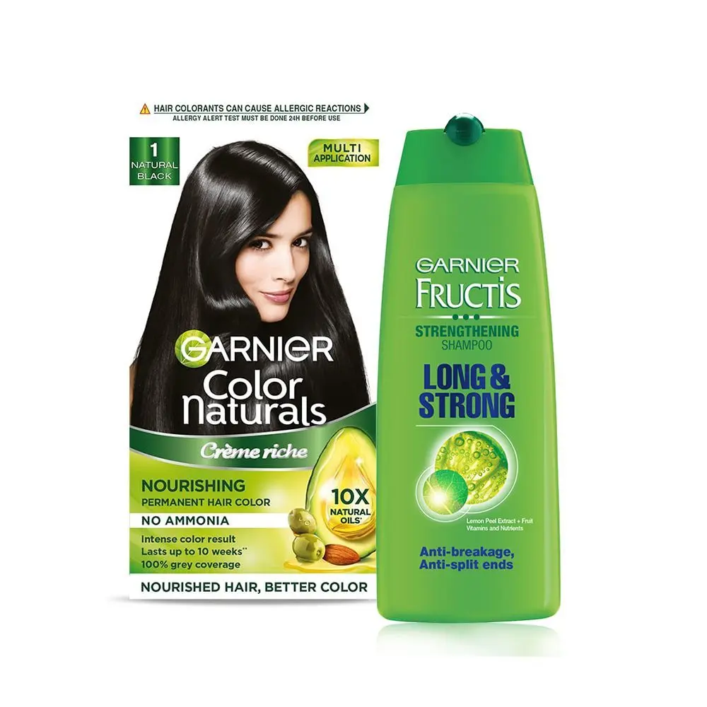 Garnier Color Naturals No Ammonia Permanent Hair Color Shade 1 - Natural Black (70ml + 60g) + Garnier Fructis Strengthening Shampoo Long & Strong 175ml (Combo Pack of 2)