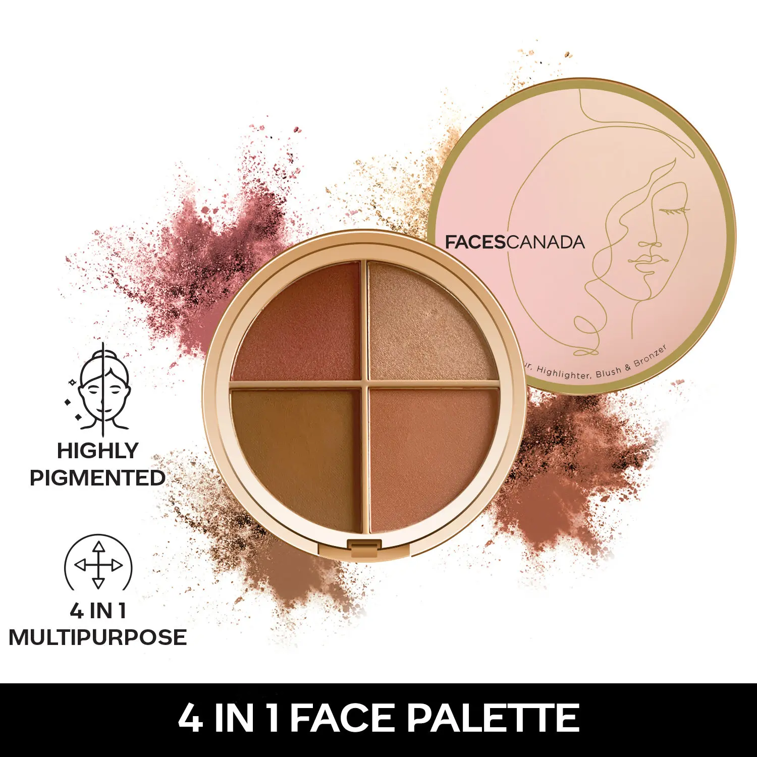 Faces Canada Second Skin 4 in 1 Face Palette 14.5 gm I Highly Pigmented I Smooth Application I Easily Blendable I Lightweight I Travel-Friendly I Jojoba Oil I Baichi Flower I Cruelty-free