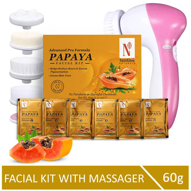 NutriGlow NATURAL'S Advanced Pro Formula Papaya Facial Kit (60 gm) with 5 in 1 Rotating Face Massager