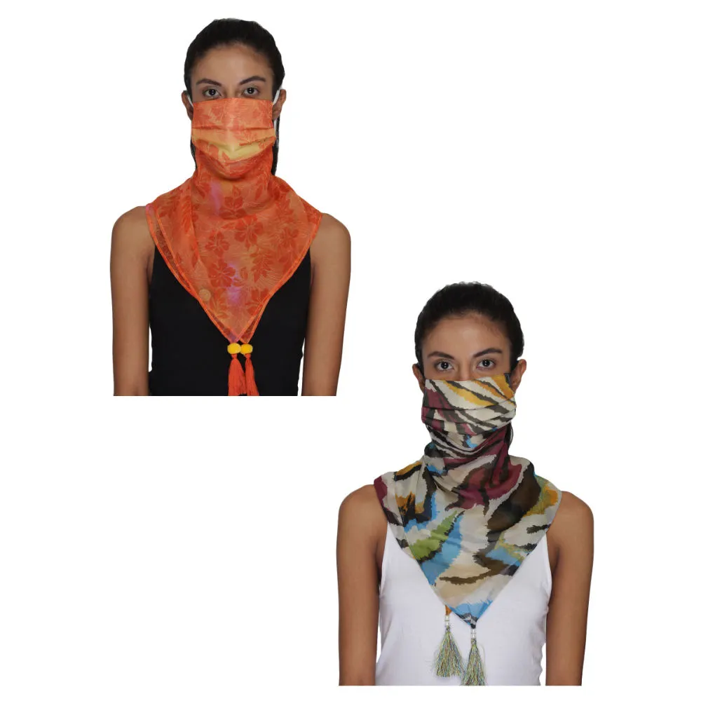 Anekaant Pack Of 2 Multicolor 3-Ply Reusable Poly Chiffon Printed Tesselled Scarf Style Fashion Mask