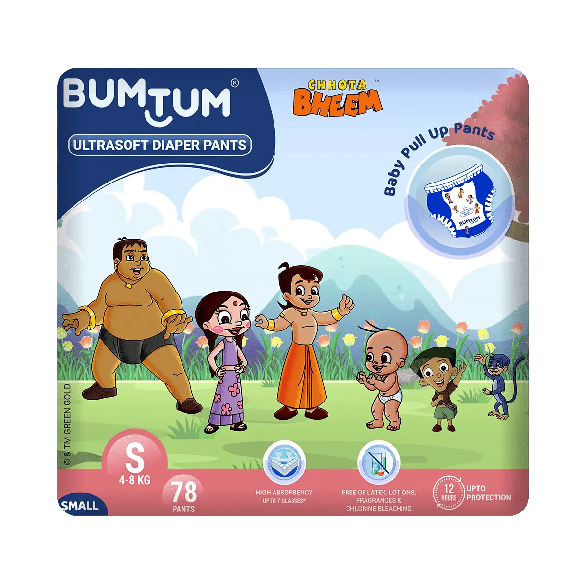 Bumtum Chota Bheem Baby Diaper Pants with Leakage Protection -4 to 8 Kg (Small, 78 Count, Pack of 1)