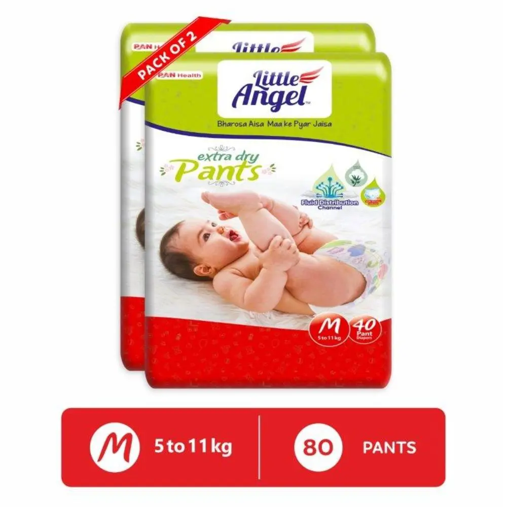 Little Angel Extra Dry Baby Pants Diaper, Medium (M) Size, 80 Count, Super Absorbent Core Up to 12 Hrs. Protection, Soft Elastic Waist Grip & Wetness Indicator, Pack of 2, 40 count/pack, Upto 5-11kg