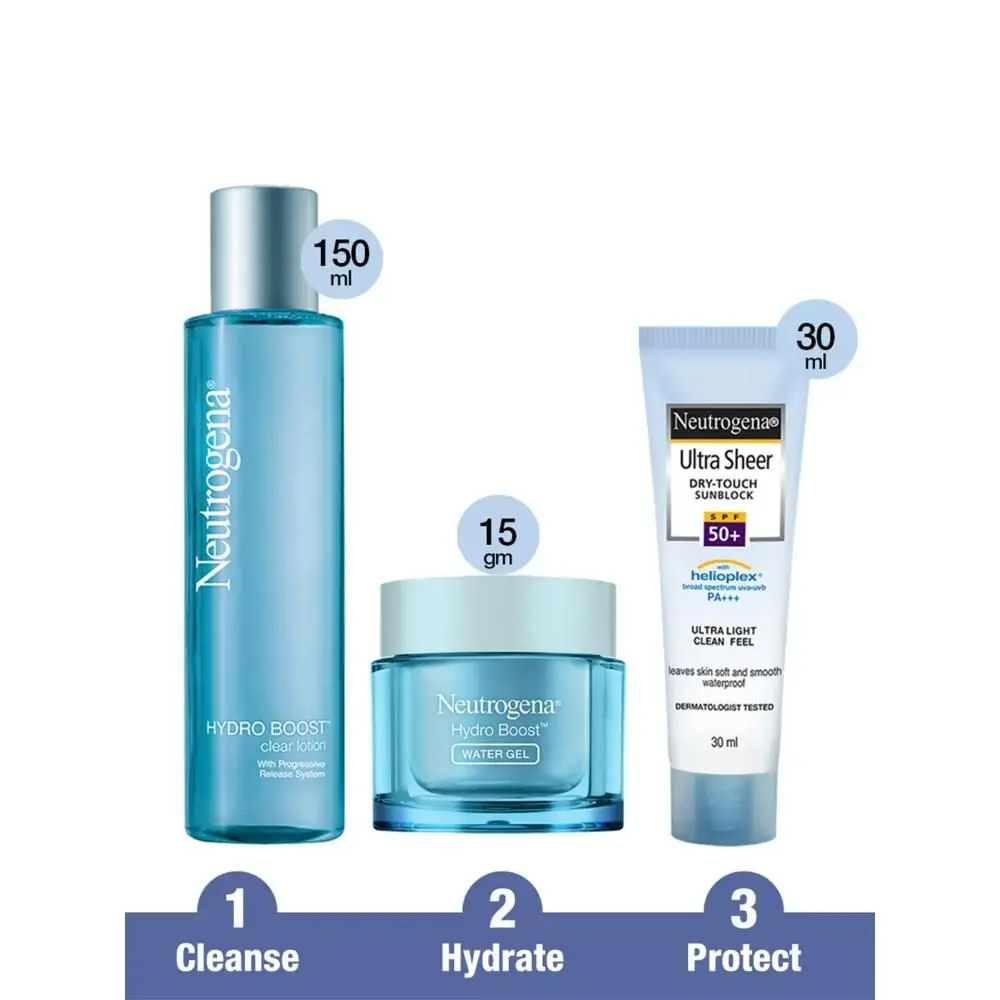 Neutrogena Hydro Boost Clear Lotion Hydrating Toner - 150 ml & Neutrogena Hydro Boost Water Gel - Mini (15gm) & Neutrogena Ultra Sheer Spf 50 Cream - 30 ml