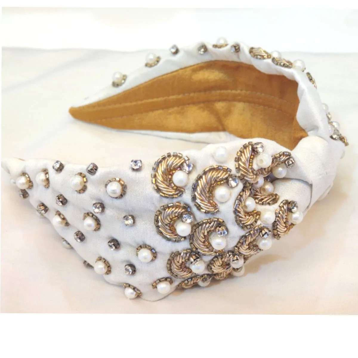 YoungWildFree White Embellished Hairband With Pearls And Gold Scatter Hand Embroidery