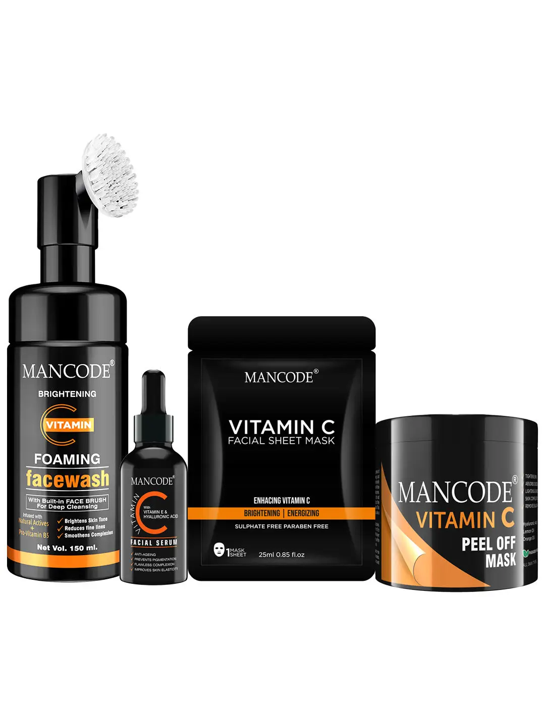 Mancode Vitamin C Peel off mask,100gm l Facial sheet Mask,25ml l Face wash,450ml & Serum, 50ml, (Pack of 4)