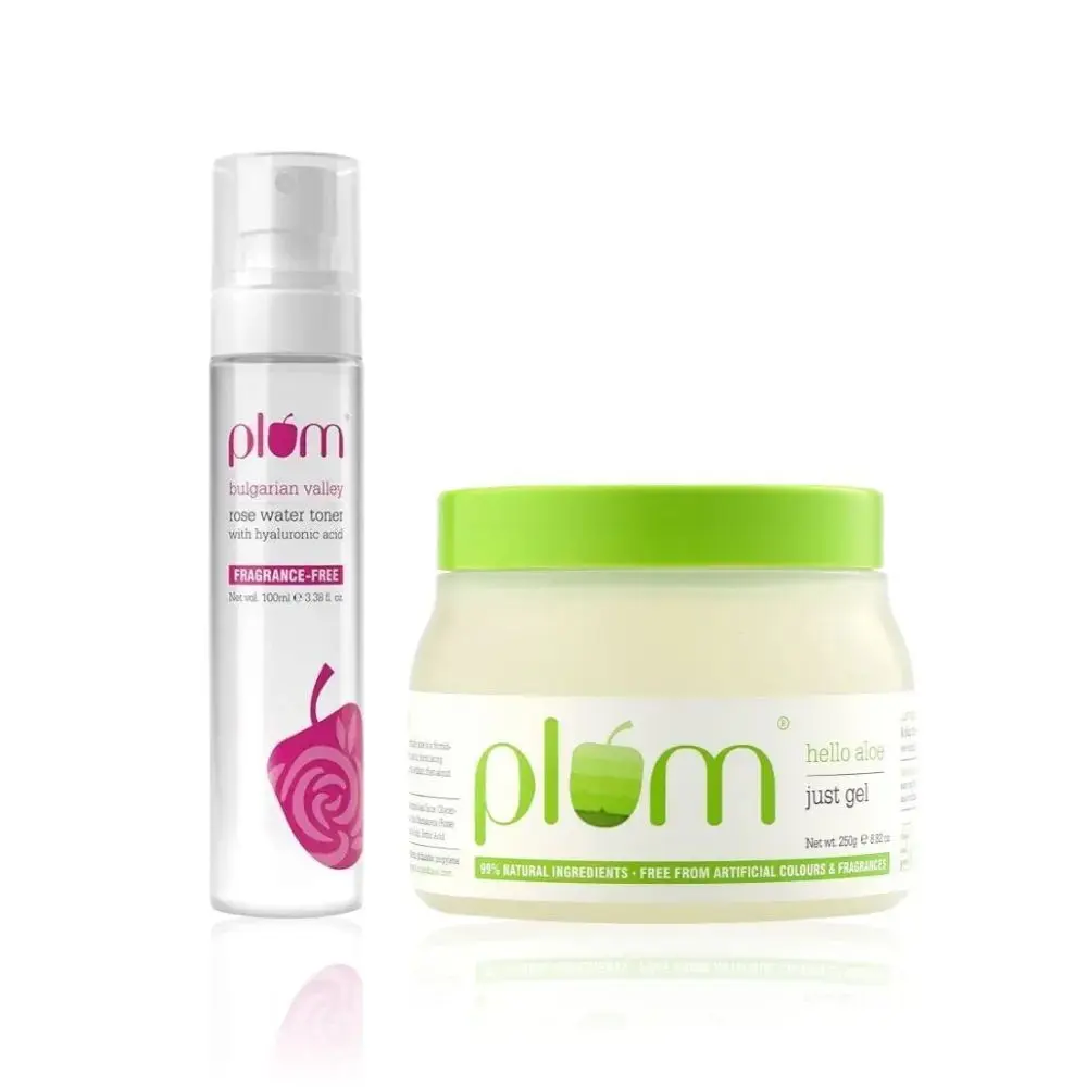 Plum Gentle Skin Soothers Duo Best Aloe Vera Gel - 99% Natural Rose Water Toner With Hyaluronic Acid