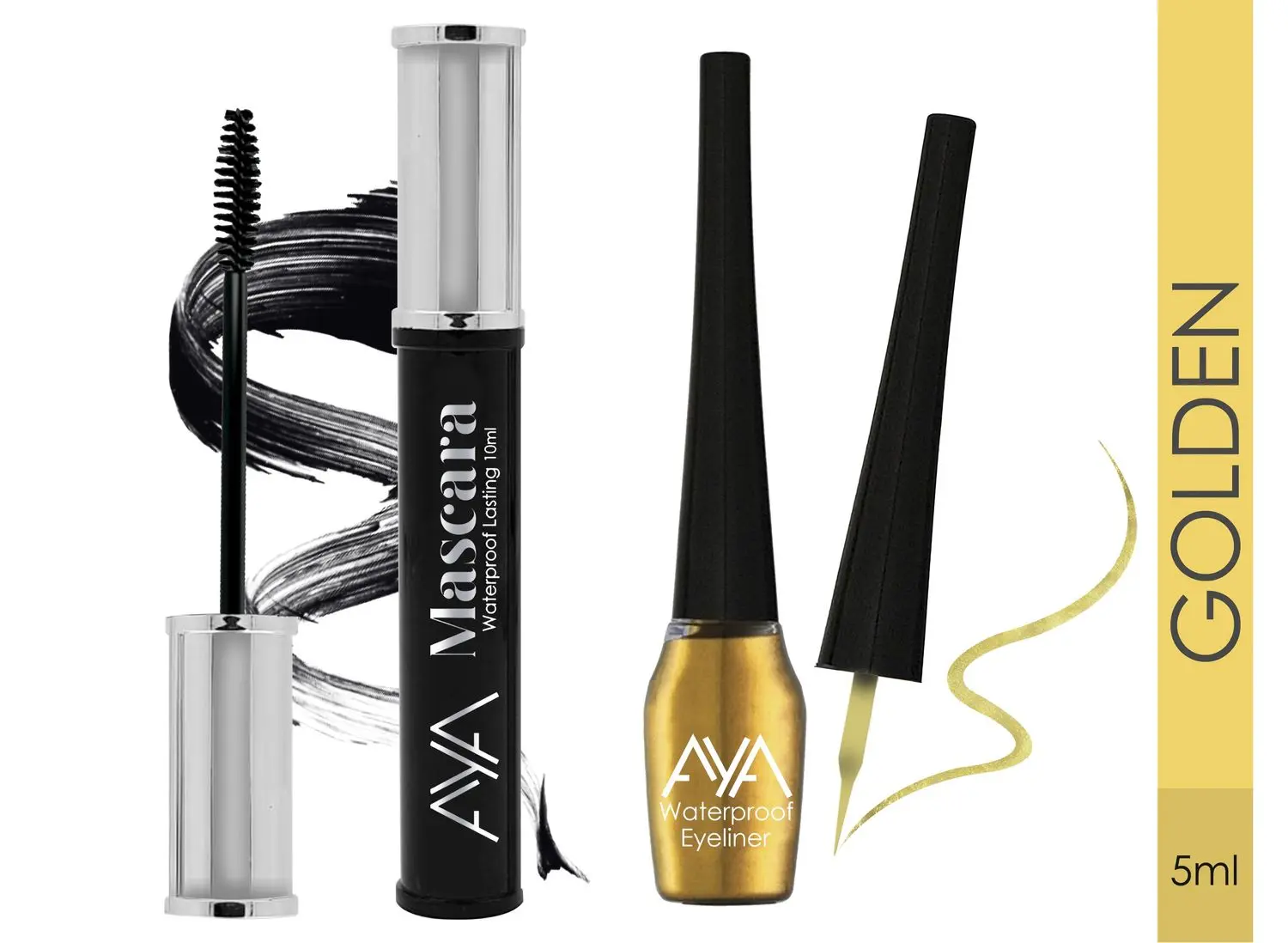 AYA Combo Pack of Waterproof Eyeliner, Golden (5 ml) and Waterproof Long Lasting Mascara, Black (10 ml)