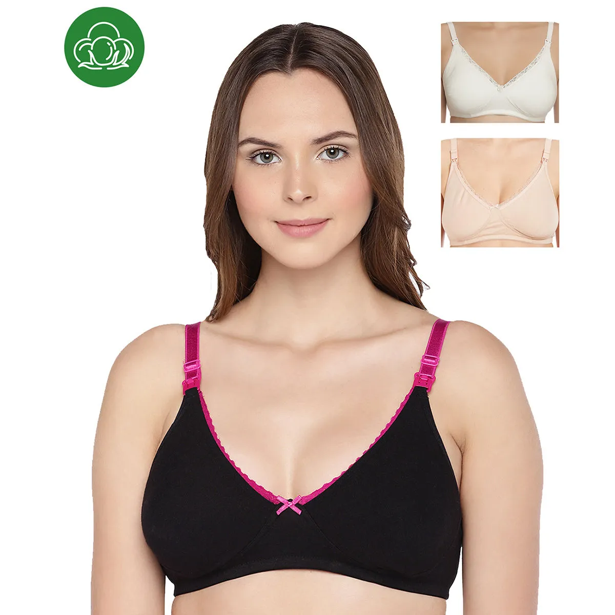 Inner Sense Organic Cotton Antimicrobial Laced Nursing Bra Pack of 3 - Multi-Color