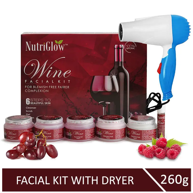 NutriGlow Wine Facial Kit For Blemish Free Fairer Complexion (260 gm) With Blue Hair Dryer