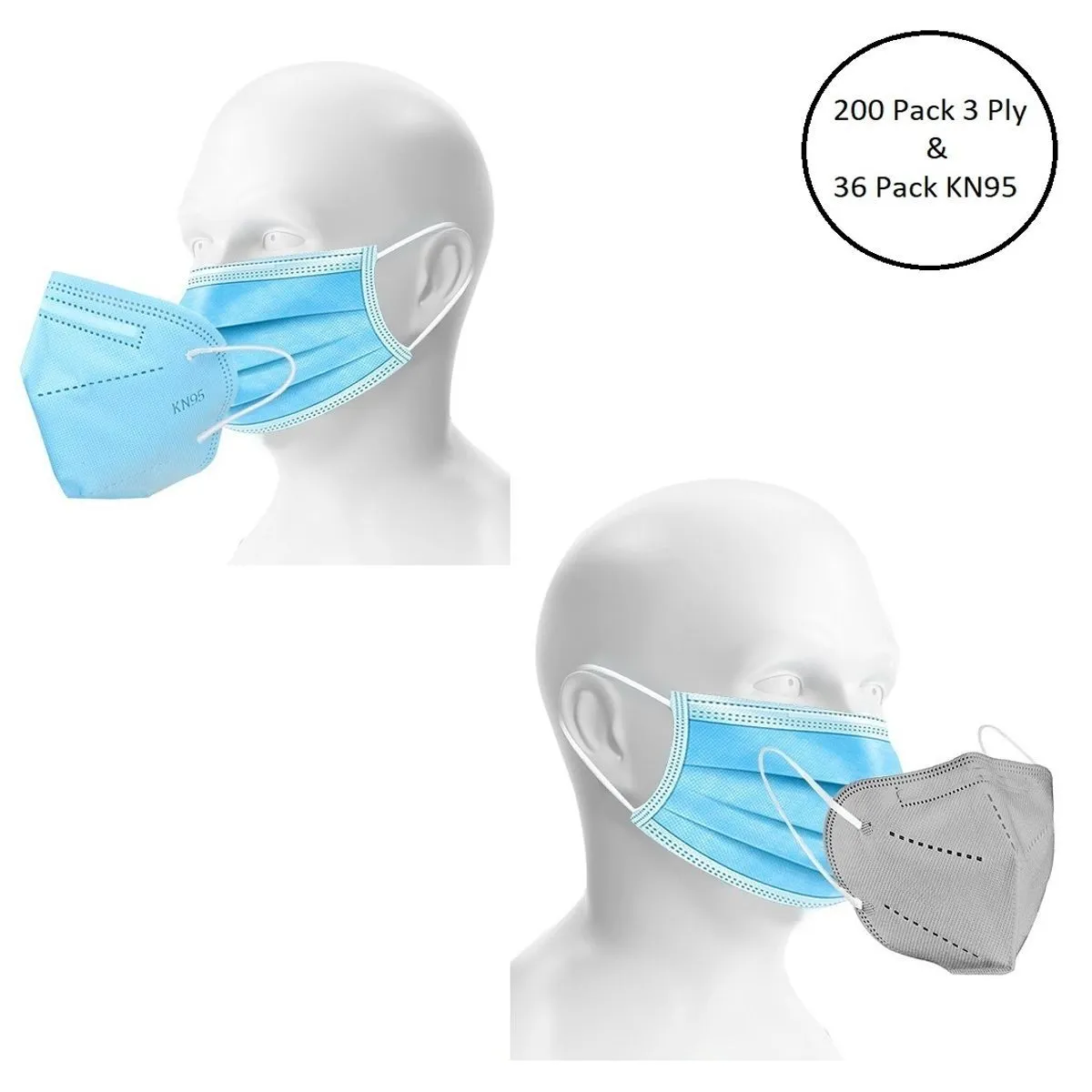 OOMPH Unisex Double Mask Set Of 200 Disposable & 36 KN95 / N95 Masks (Blue, Grey )