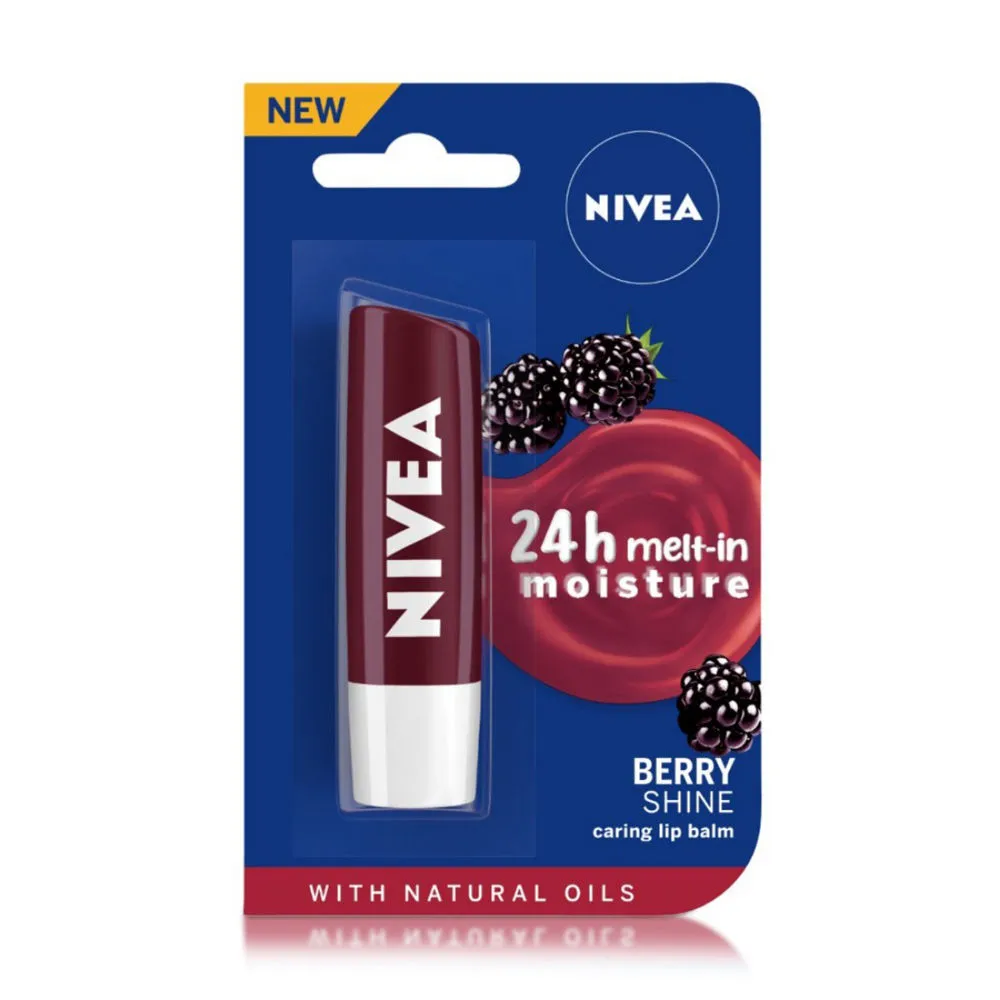 NIVEA Lip Balm, Blackberry Shine, 24h Moisture with Natural Oils, Ruby Red Shine & Berry Aroma