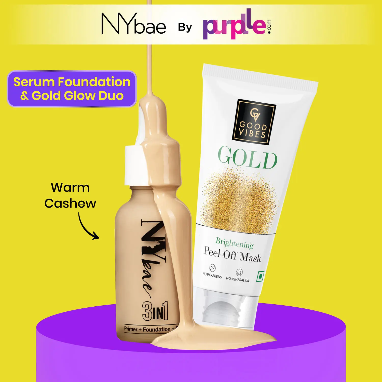 NYBae Serum Foundation & Gold Glow Duo By Purplle | Warm Cashew Foundation | Peel Off Mask | Korean Glow | Dewy Makeup | Anti-Acne Pack | Makeup Kit