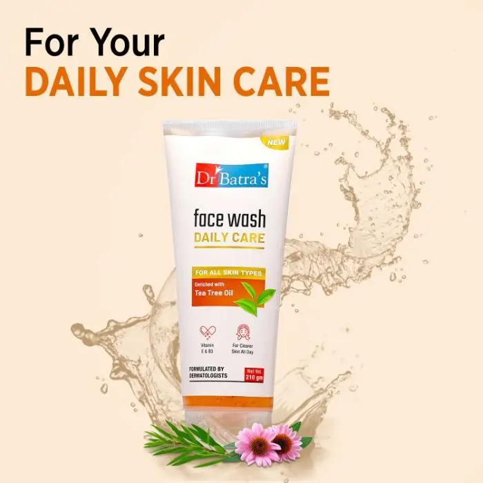 Dr Batra’s Daily Care Face Wash. Eliminates Dirt. Moisturizes Skin. Protects Against Impurities. Contains Echinacea Extracts, Tea Tree Oil, Vitamin B3, Vitamin E. SLS, Paraben Free. For Men, Women. 210 g.