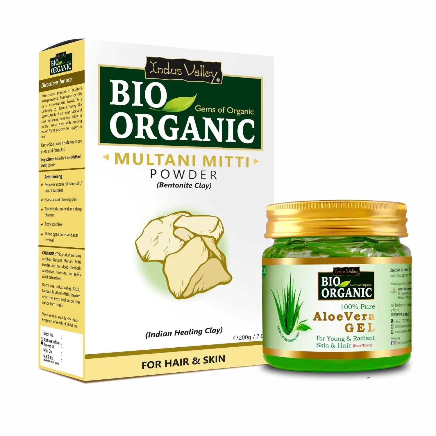 Indus Valley Bio Organic Aloe Vera Gel and Multani Mitti Powder combo pack for Acne, Scars, Glowing & Radiant Skin Treatment (175ml + 200g)