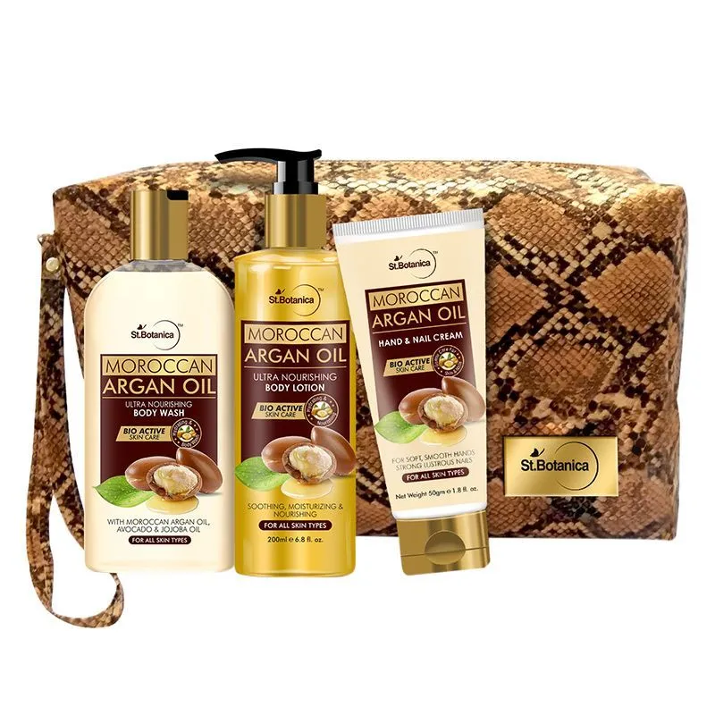 St.Botanica Moroccan Argan Combo Body Lotion + Hand & Nail Cream + Body Wash & Pouch