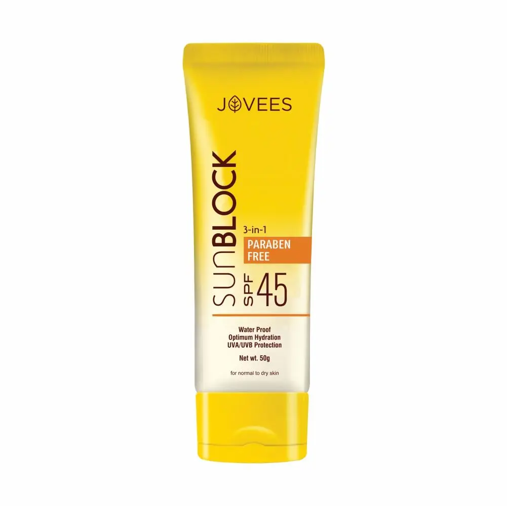 Jovees Herbal Sun Block Sunscreen SPF 45 | For Dry Skin | Lightweight And Water Proof | UVA/UVB Protection, Moisturization | For Women/Men | 50g