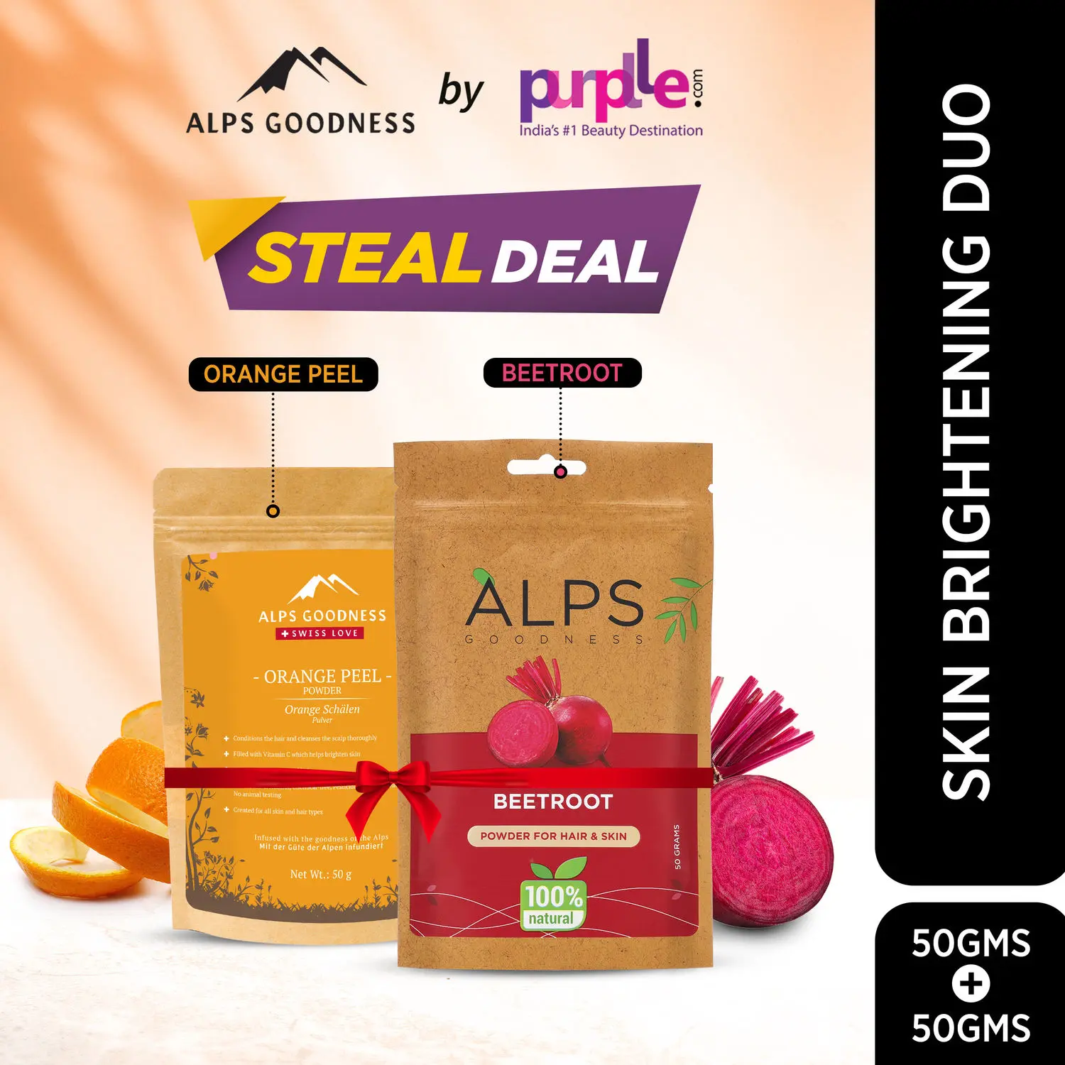 Alps Goodness Brightening Duo (Pack of 2) I 100% Natural Beetroot & Orange Peel Powder I Super Savings Pack I Best for Hair & Skin I Festive Glow Pack (2 X 50g)