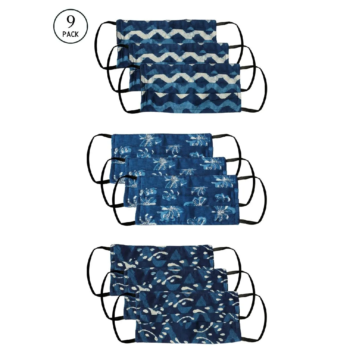 Bellofox 3-Ply Blue Indigo Zigzag- Indigo Flower & Indigo Leaf Cotton Face Mask (Pack Of 9)